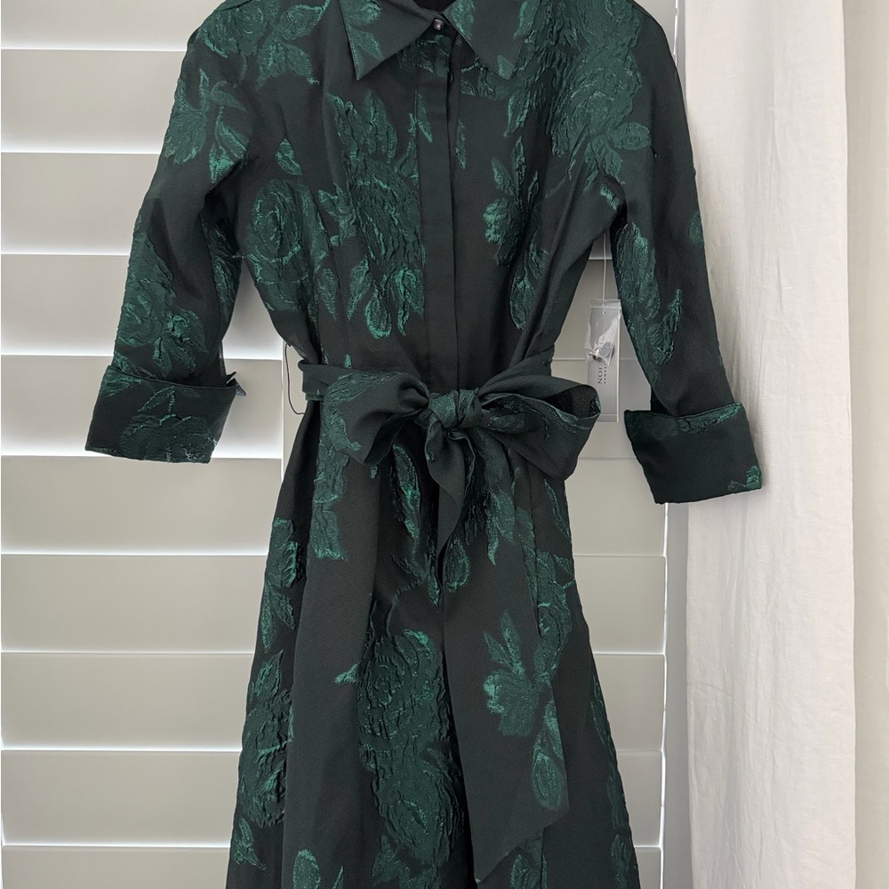 Teri Jon Metallica Jacquard Shirtdress Gown with Floral Print - Picture 2 of 10